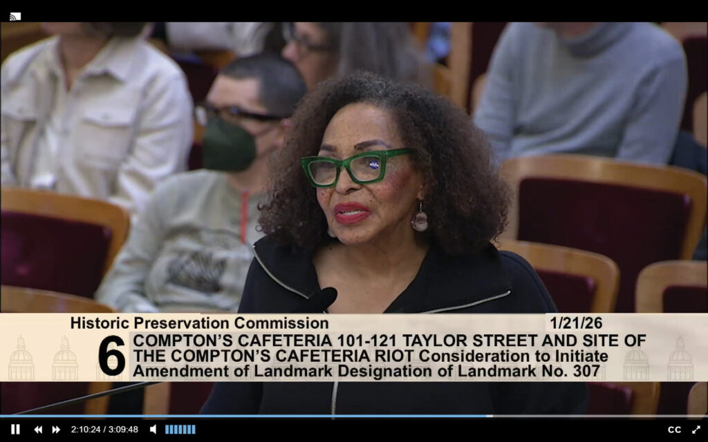 Andrea Horne, a Black transgender activist and historian, presents three key arguments in support of expanding historic preservation protections for the Compton’s Cafeteria Riots site during a San Francisco Historic Preservation Commission hearing on Jan. 21, 2026, at City Hall. Photo: Screenshot of the San Francisco Historic Preservation Commission via SFGov TV