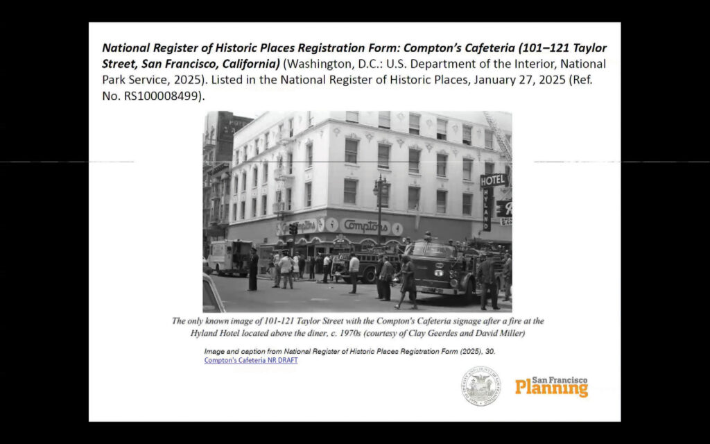 A black-and-white 1970 photograph of Gene Compton’s Cafeteria at Turk and Taylor streets in San Francisco, showing the glass-fronted diner, firefighters, and fire trucks outside the adjacent Hyland Hotel. The photo was taken by the late photographer Clay Geerdes and courtesy of David Miller. Photo: Screenshot of the San Francisco Historic Preservation Commission via SFGov TV